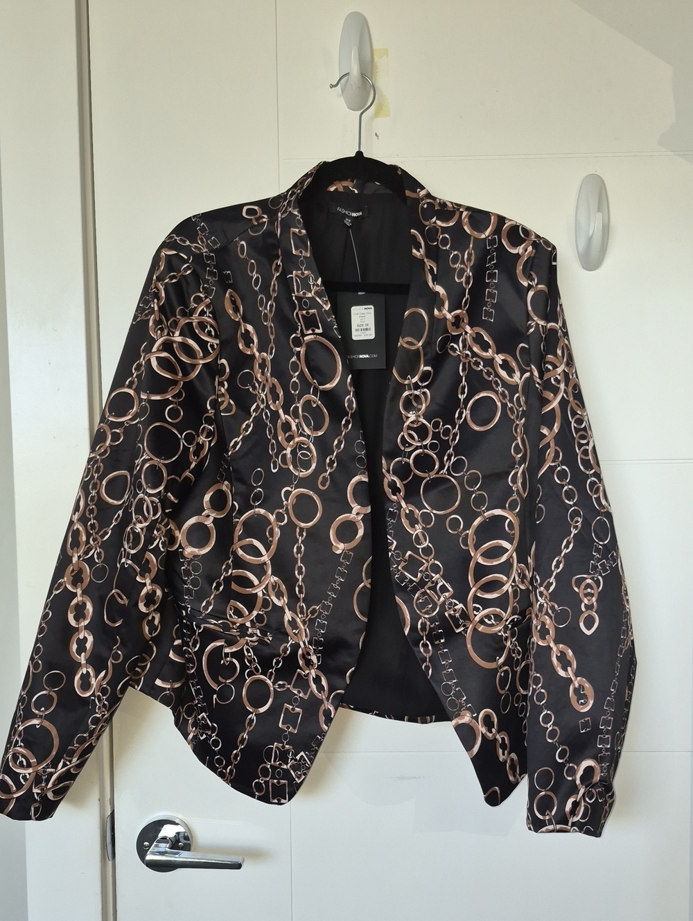 Fashion Nova Black Satin Blazer with Gold Chain Print